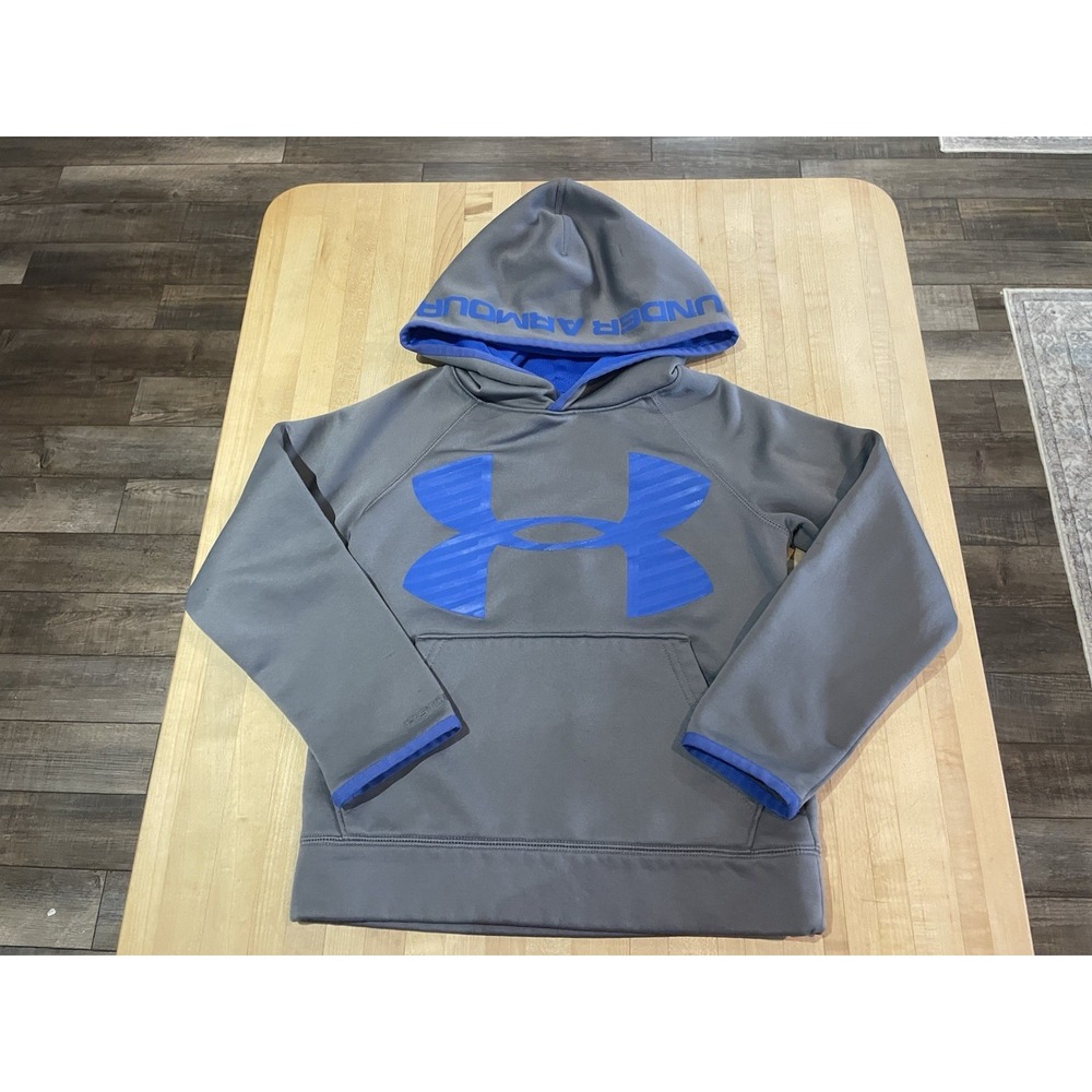 Under Armour Gray W Blue Logo Pullover Mesh Hooded Long Sleeve Sweatshirt